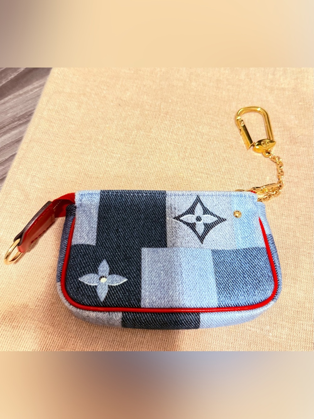Louis Vuitton Blue Patchwork Mini Pouch with Red Trim